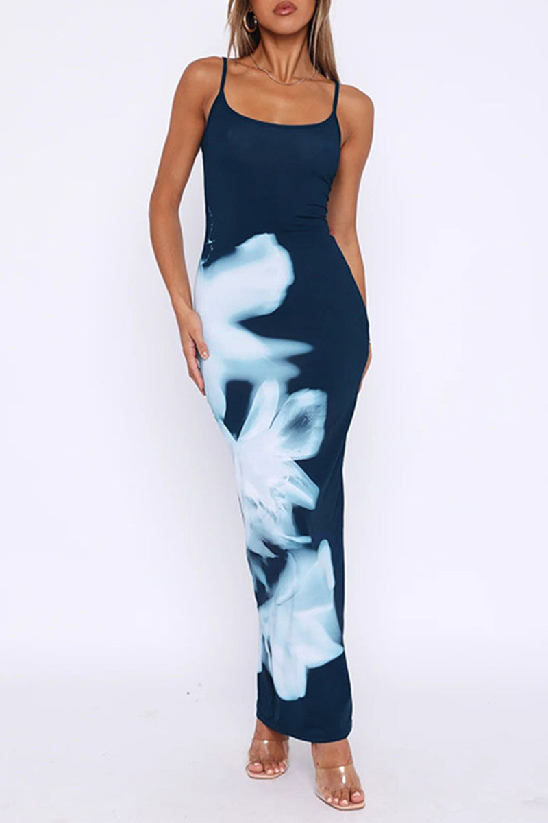 Sexy Vintage Print Flowers Backless U Neck One Step Skirt Dresses