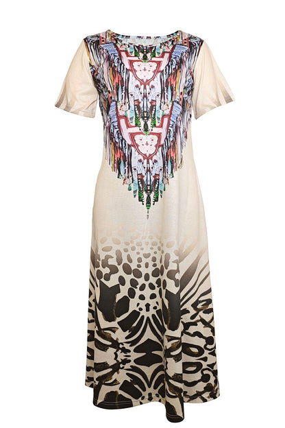 Casual Vintage National Totem Print Slit O Neck Short Sleeve Dresses(4 Colors)