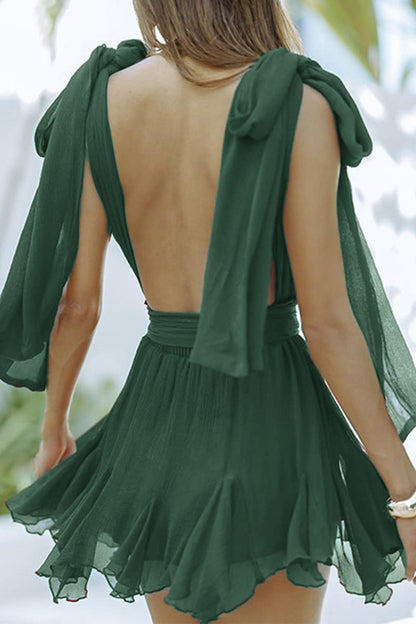Deep Plunging V-Neck Shoulder Bow Tie Streamer Tiered Ruffle Mini Dress