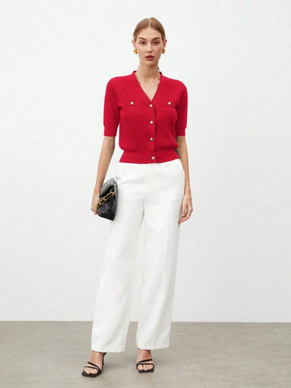 V Neck Knit Top Short Sleeve Office Ready Casual Chic