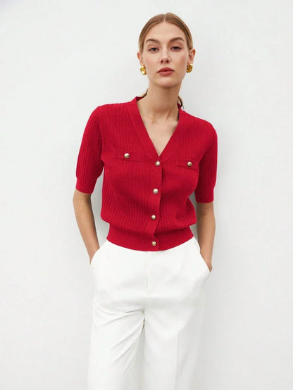 V Neck Knit Top Short Sleeve Office Ready Casual Chic