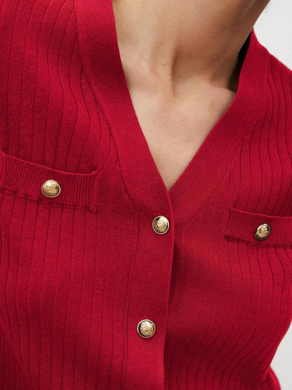 V Neck Knit Top Short Sleeve Office Ready Casual Chic