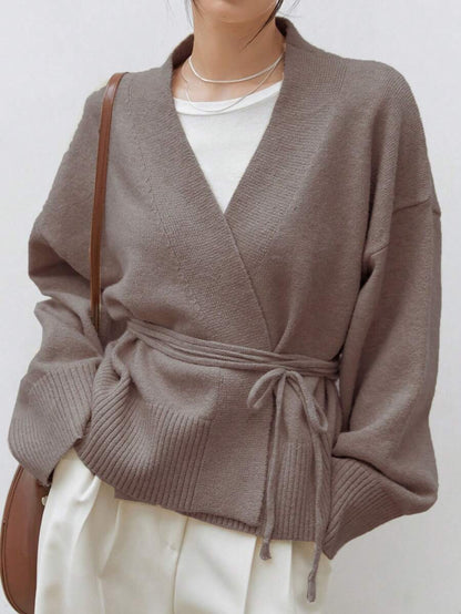 Apricot Belted Drop Shoulder Cardigan