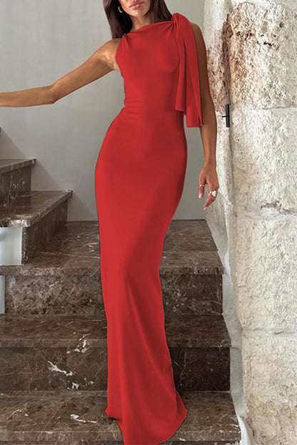 Celebrities Elegant Solid Frenulum Oblique Collar One Step Skirt Dresses