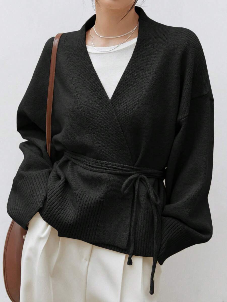 Apricot Belted Drop Shoulder Cardigan