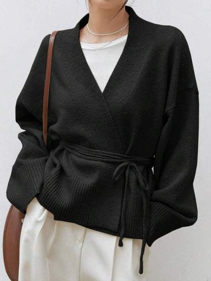 Apricot Belted Drop Shoulder Cardigan