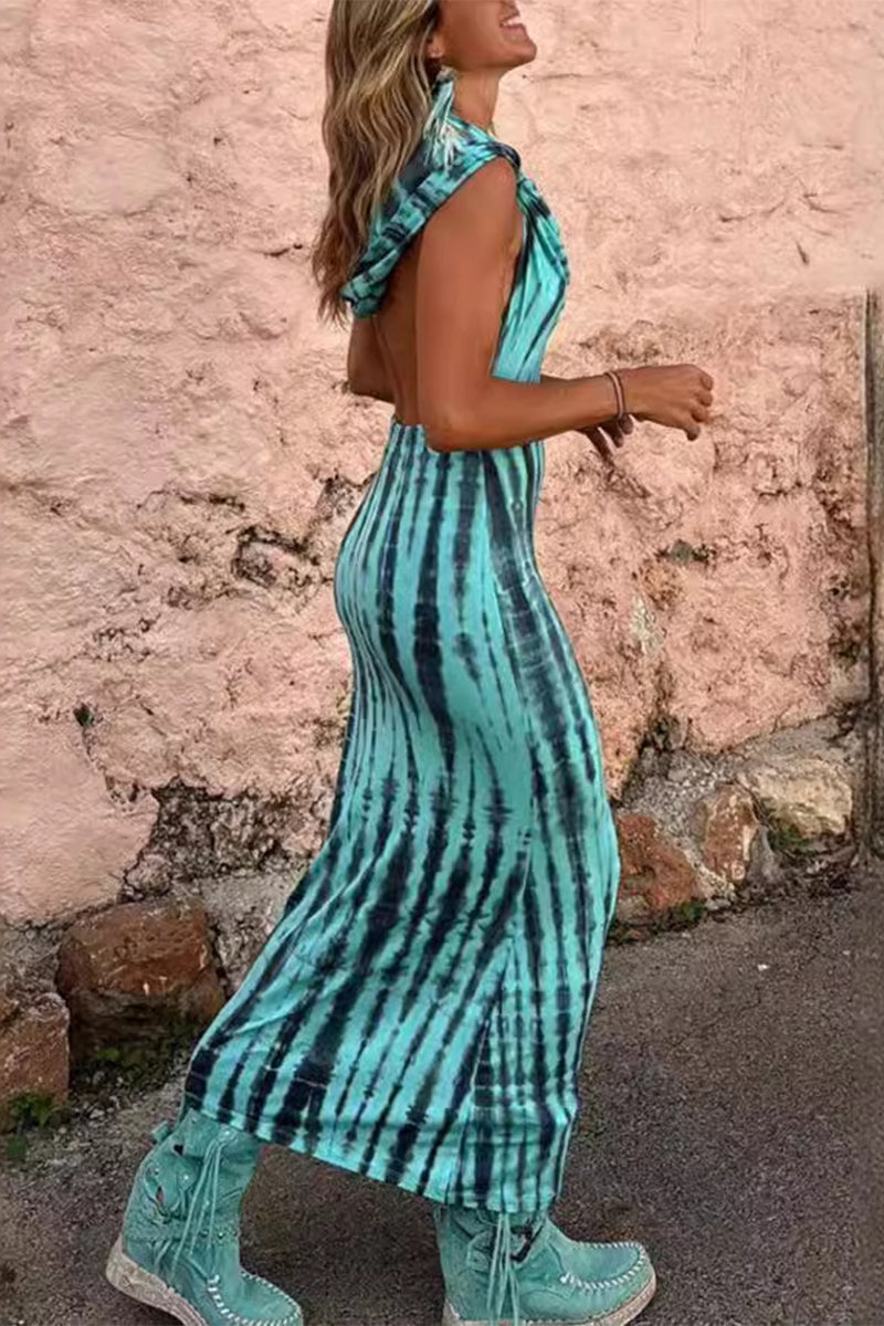 Tie-Dye Print Halter Cowl Neck Backless Column Maxi Dress