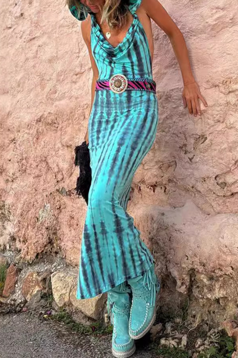 Tie-Dye Print Halter Cowl Neck Backless Column Maxi Dress
