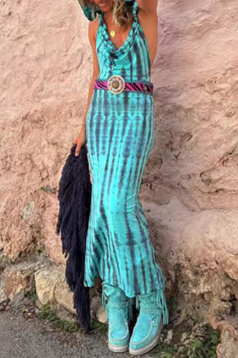 Tie-Dye Print Halter Cowl Neck Backless Column Maxi Dress