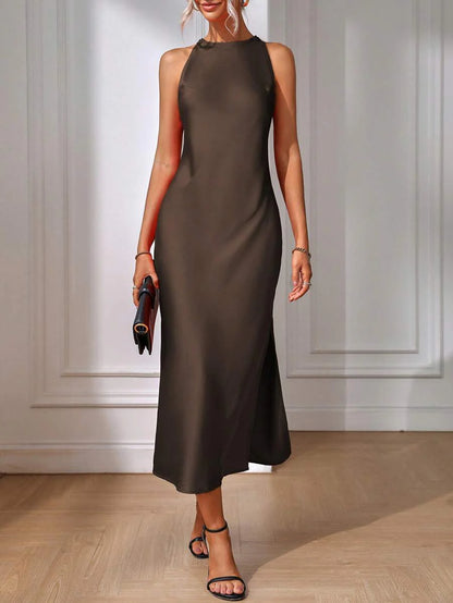 Satin Maxi Dress Sleeveless Split Thigh Wedding