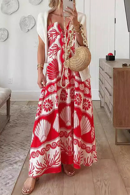Coastal Shell Print Spaghetti Strap Deep V-Neck Tiered Maxi Dress