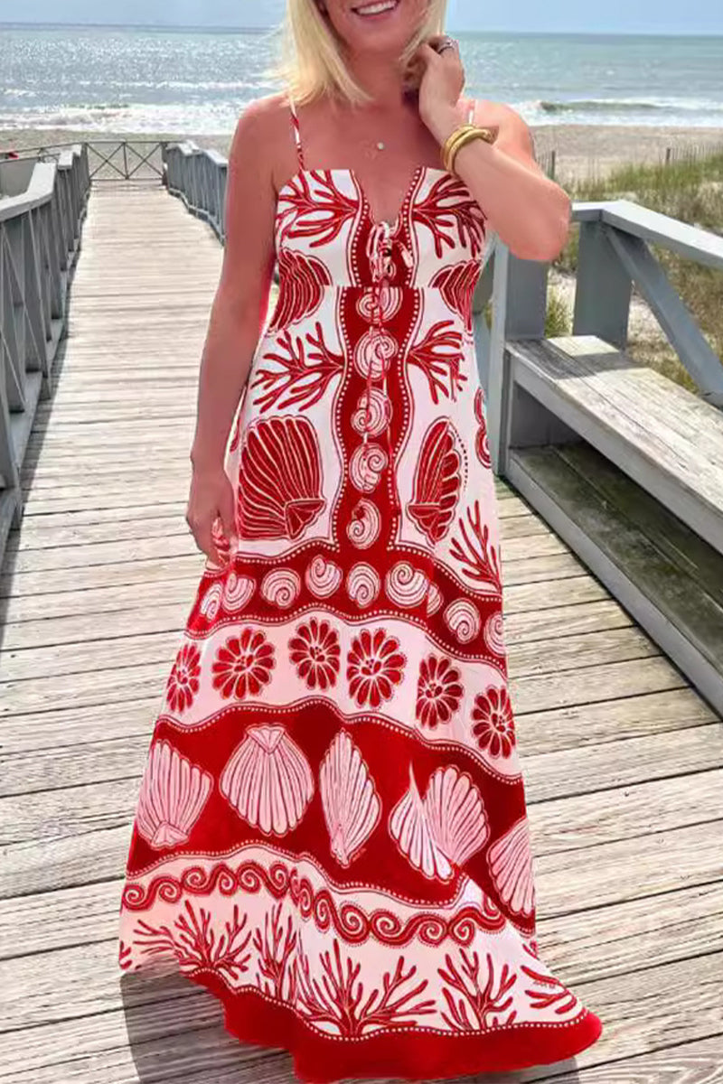 Coastal Shell Print Spaghetti Strap Deep V-Neck Tiered Maxi Dress