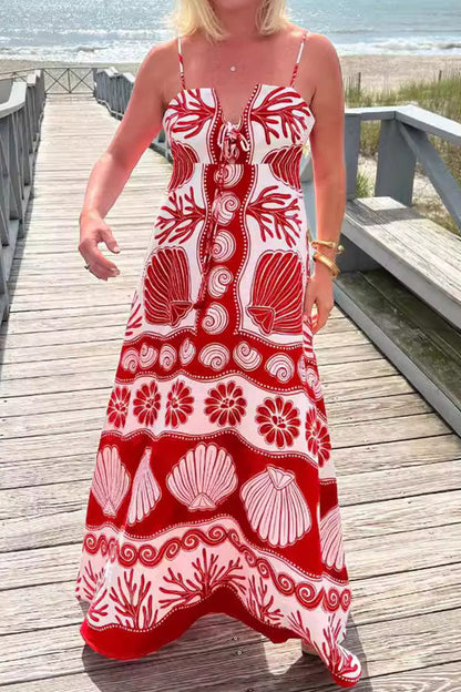 Coastal Shell Print Spaghetti Strap Deep V-Neck Tiered Maxi Dress
