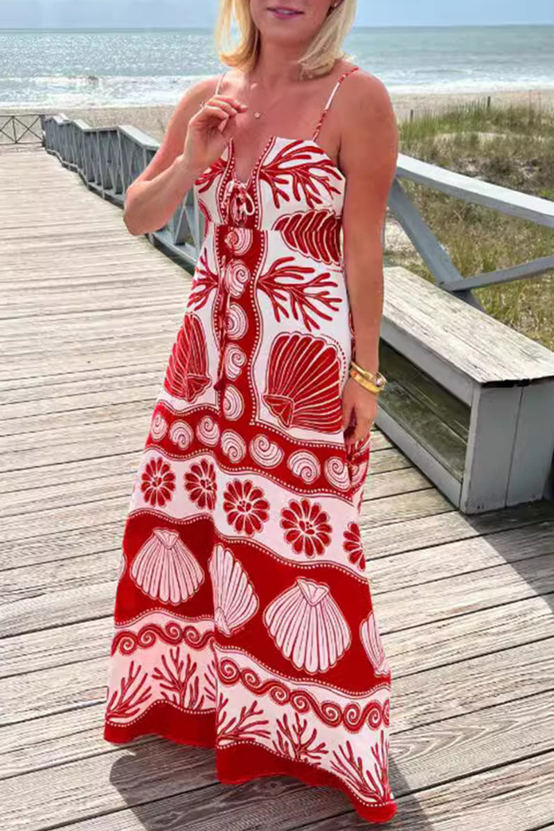 Coastal Shell Print Spaghetti Strap Deep V-Neck Tiered Maxi Dress