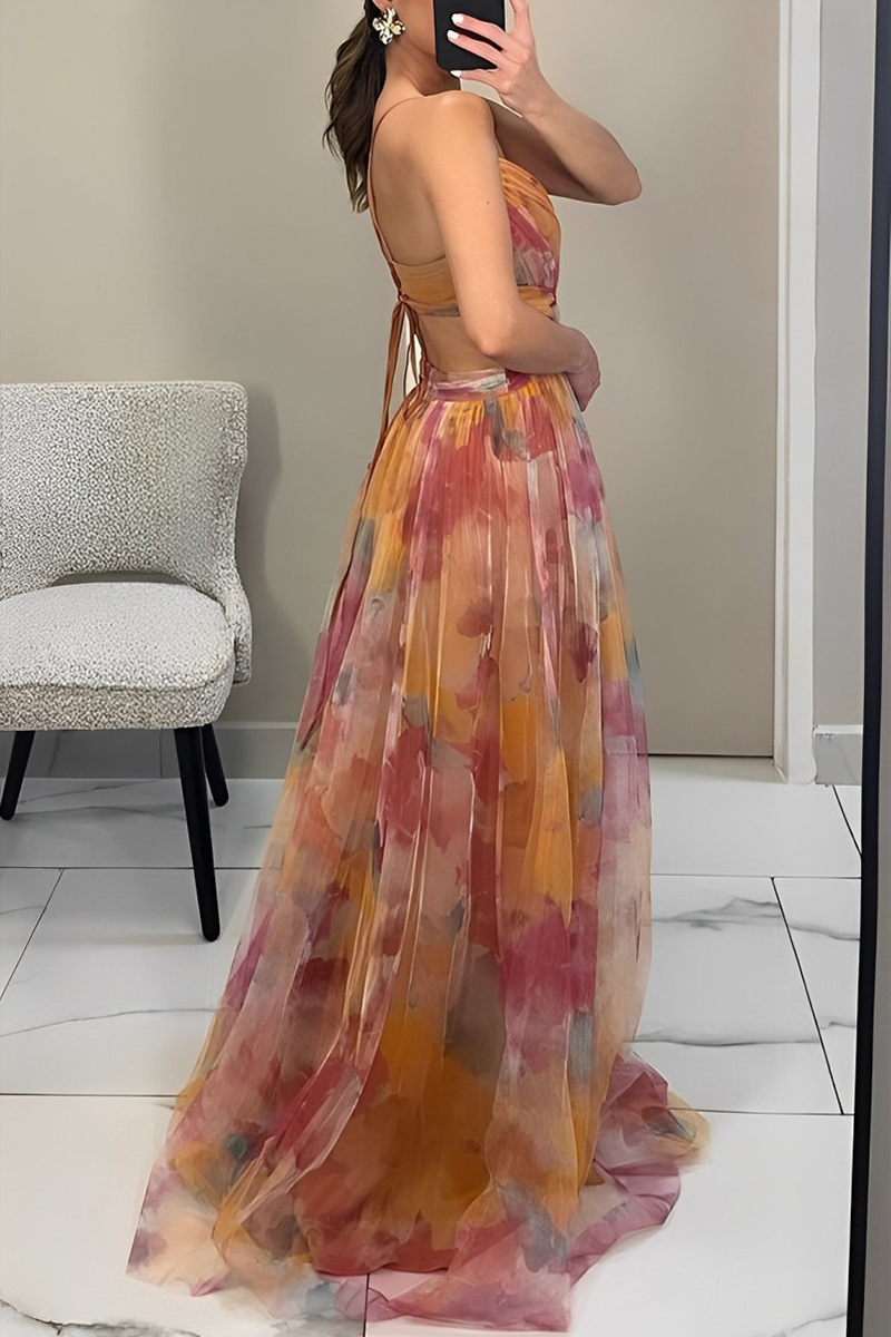 Abstract Watercolor Print V-Neck Waist Cut Out Spaghetti Strap Tulle Maxi Gown