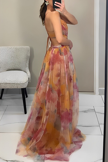 Abstract Watercolor Print V-Neck Waist Cut Out Spaghetti Strap Tulle Maxi Gown