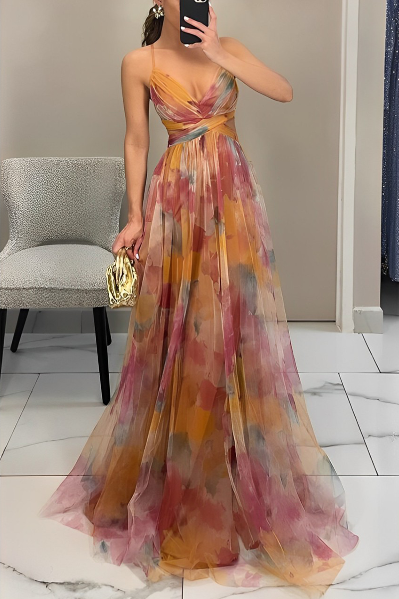 Abstract Watercolor Print V-Neck Waist Cut Out Spaghetti Strap Tulle Maxi Gown