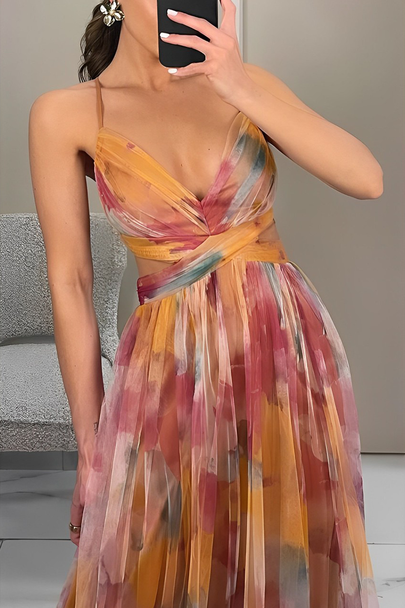 Abstract Watercolor Print V-Neck Waist Cut Out Spaghetti Strap Tulle Maxi Gown
