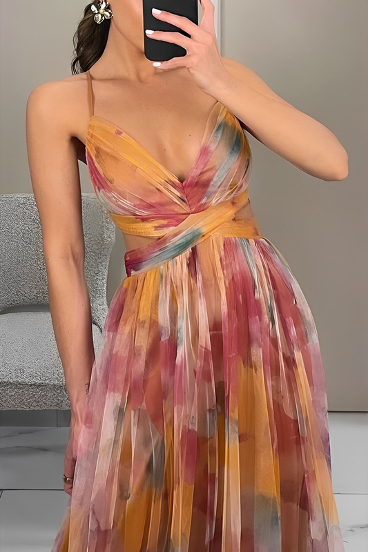 Abstract Watercolor Print V-Neck Waist Cut Out Spaghetti Strap Tulle Maxi Gown