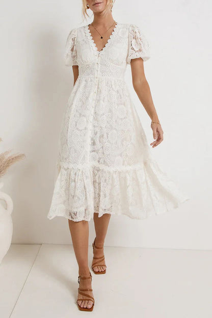 Guipure Lace Deep V-Neck Puff Sleeve Button-Front Tiered Ruffle Midi Dress
