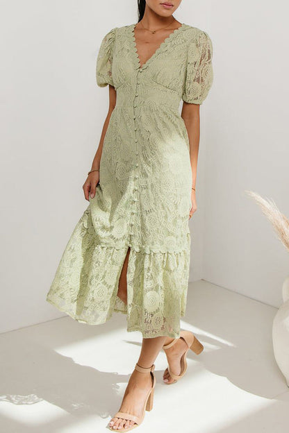Guipure Lace Deep V-Neck Puff Sleeve Button-Front Tiered Ruffle Midi Dress