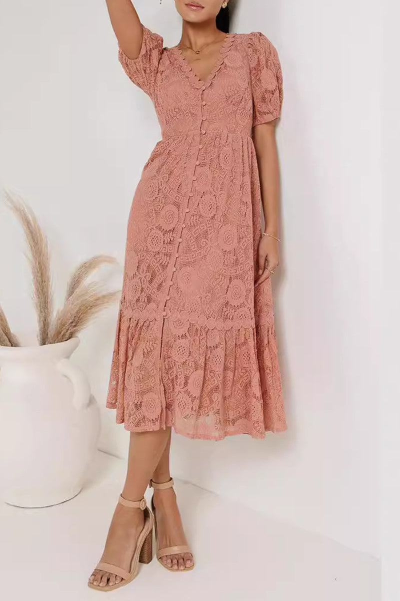 Guipure Lace Deep V-Neck Puff Sleeve Button-Front Tiered Ruffle Midi Dress