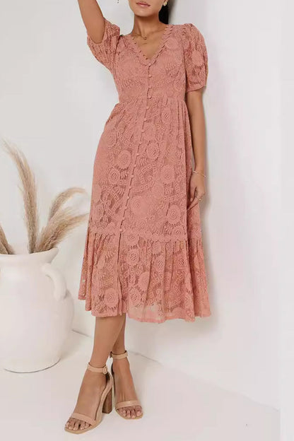 Guipure Lace Deep V-Neck Puff Sleeve Button-Front Tiered Ruffle Midi Dress