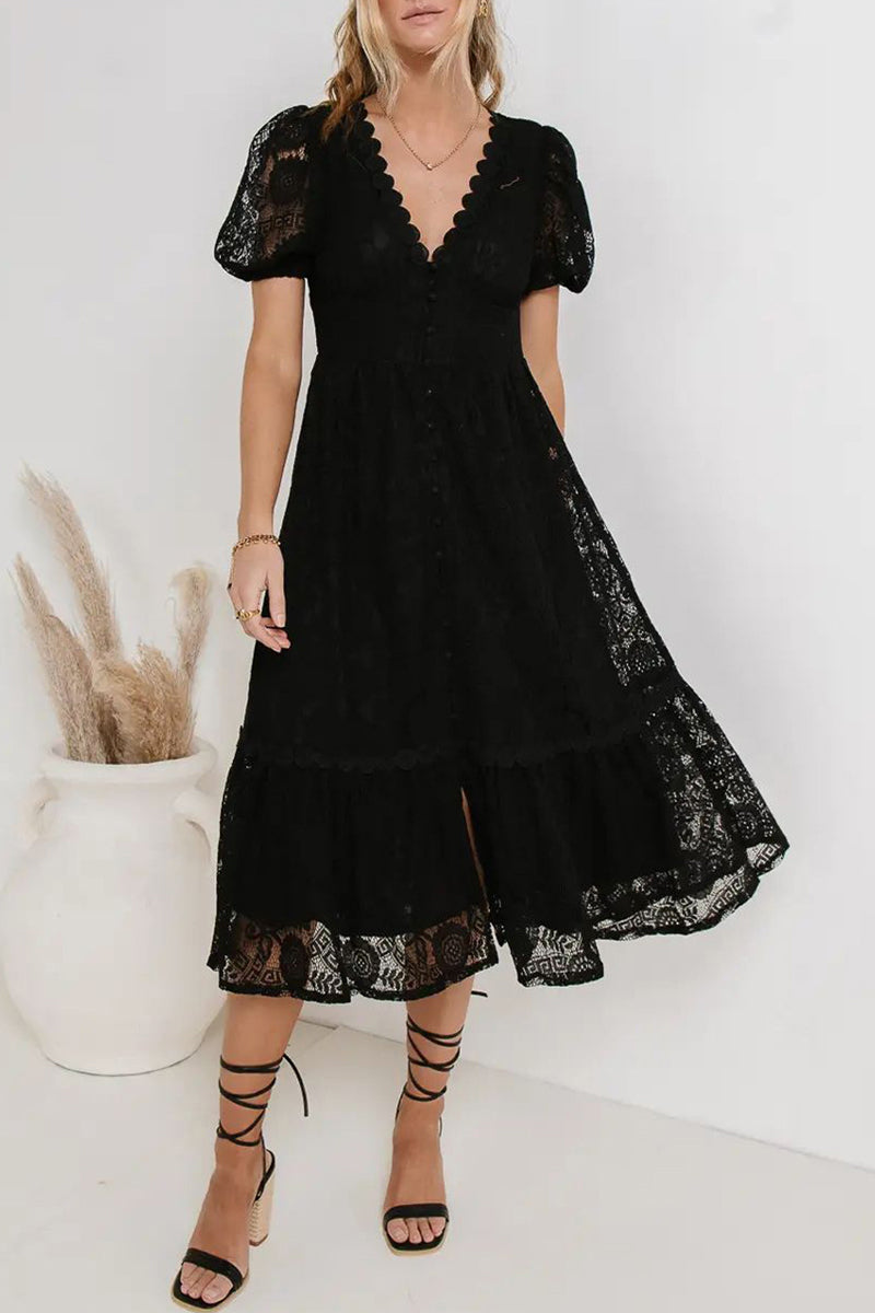 Guipure Lace Deep V-Neck Puff Sleeve Button-Front Tiered Ruffle Midi Dress