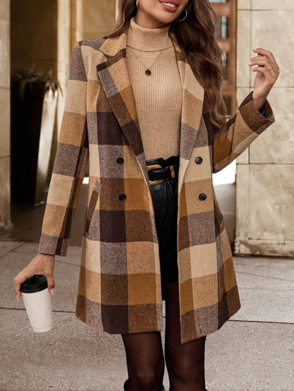 Timeless Plaid Wool Coat Turndown Collar Double Breasted