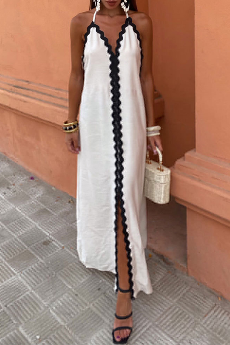 Halter Deep V-Neck Ric-Rac Trim Linen Maxi Dress