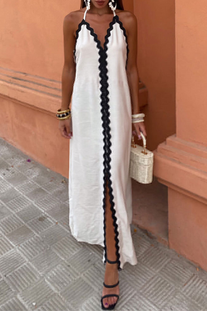 Halter Deep V-Neck Ric-Rac Trim Linen Maxi Dress