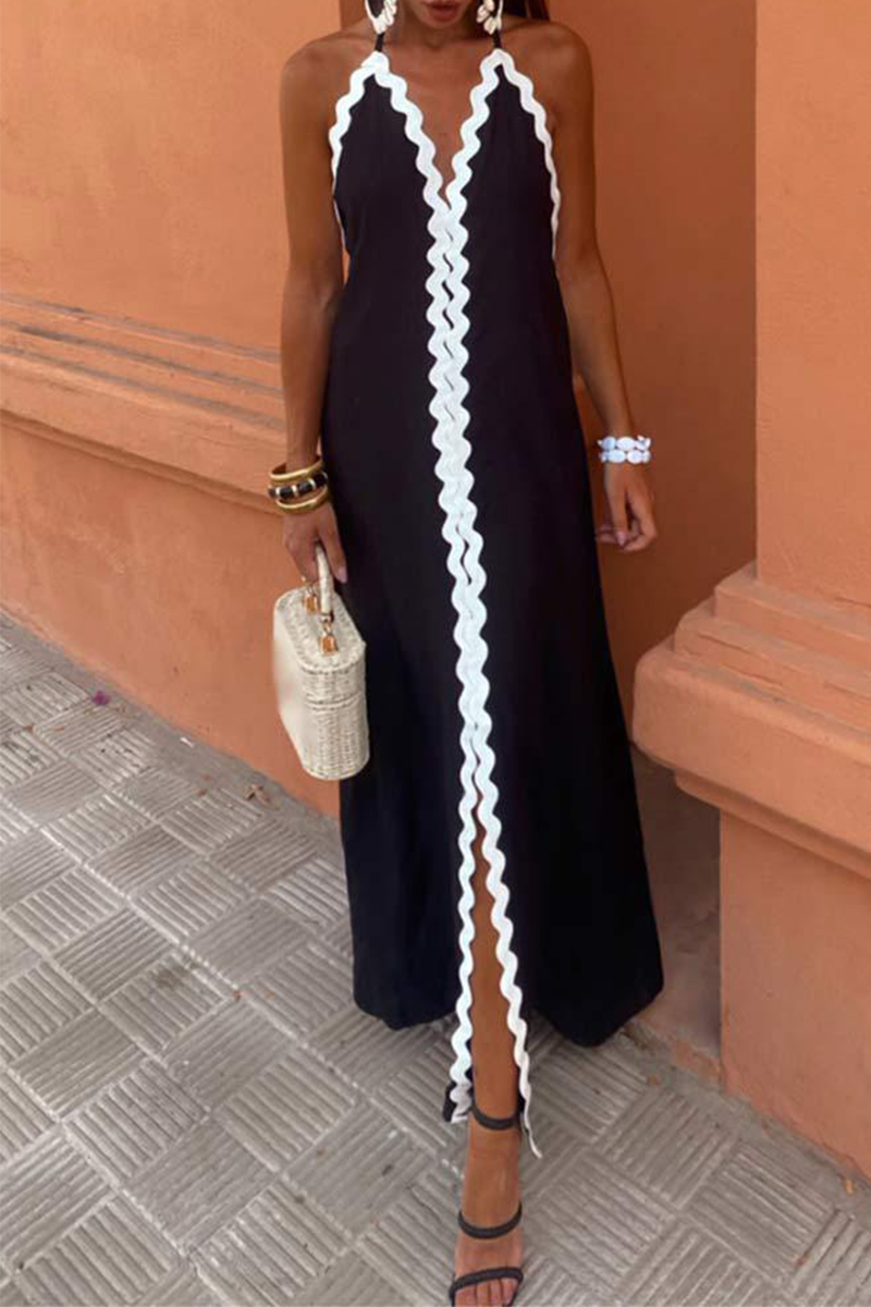 Halter Deep V-Neck Ric-Rac Trim Linen Maxi Dress