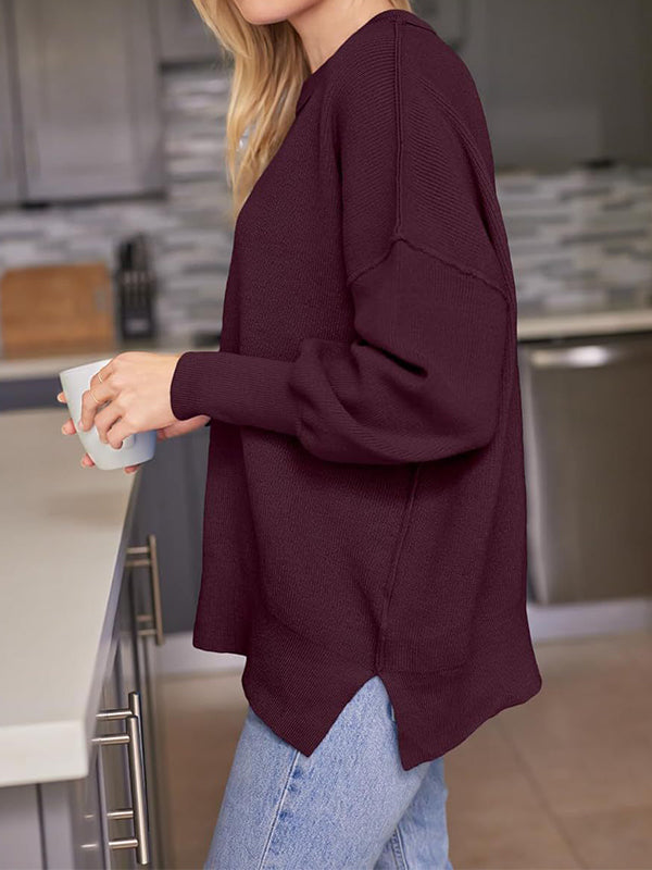 Solid Crew Neck Cape Sleeve Slit Sweater