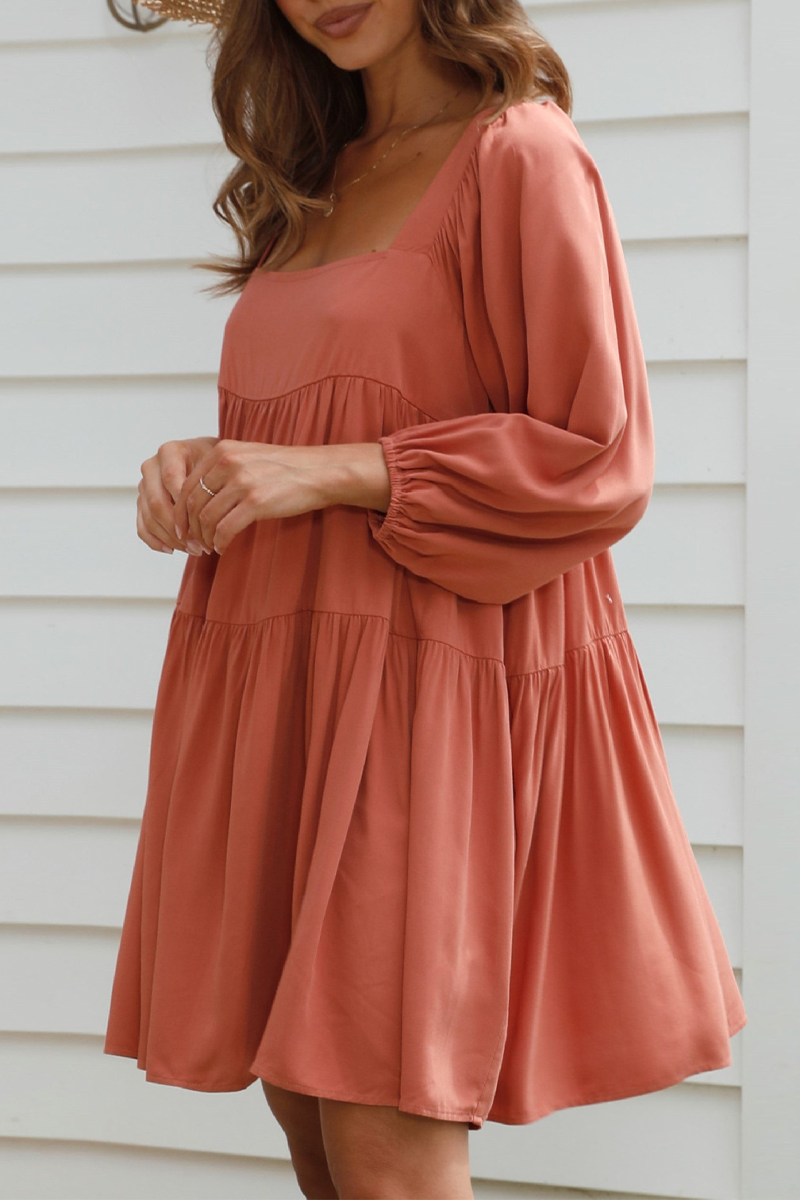 Square Neck Balloon Sleeve Tiered Smock Babydoll Mini Dress