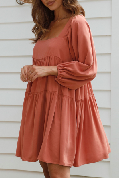 Square Neck Balloon Sleeve Tiered Smock Babydoll Mini Dress