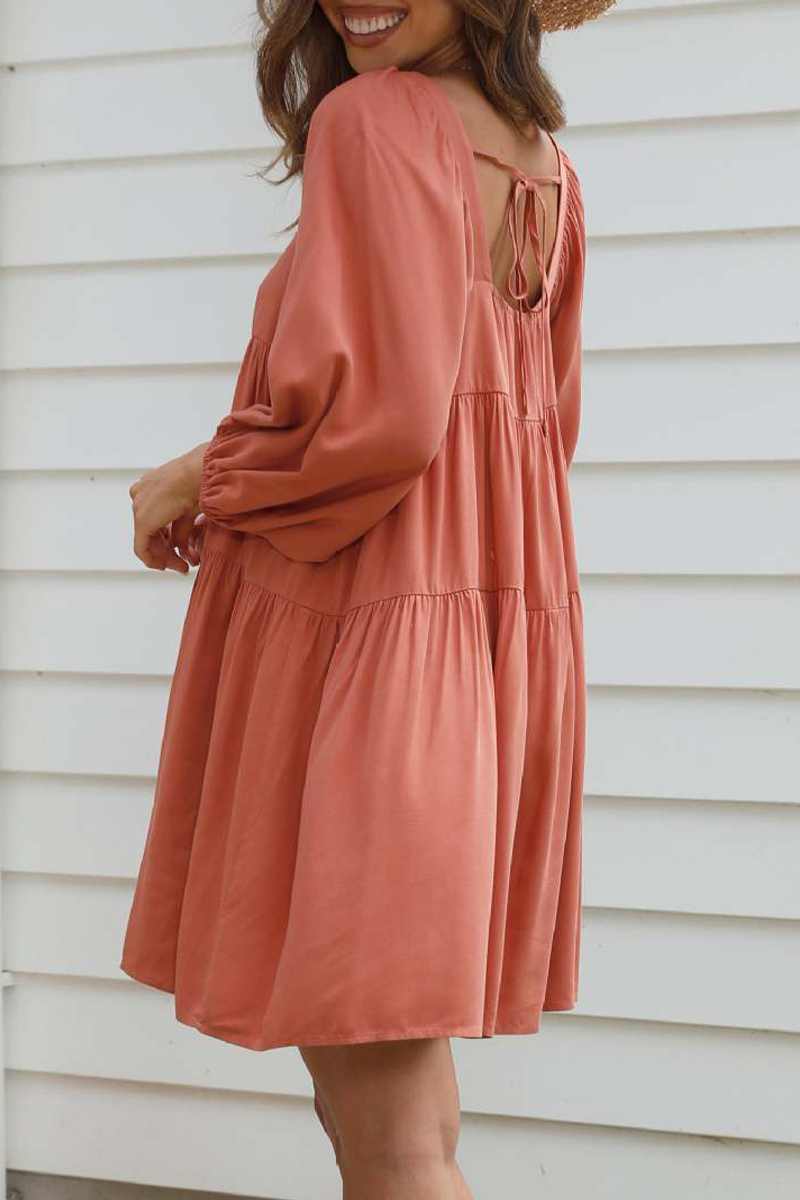 Square Neck Balloon Sleeve Tiered Smock Babydoll Mini Dress