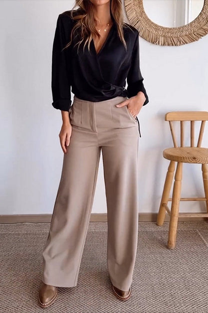 Casual Daily Pocket Buttons V Neck Long Sleeve Two Pieces