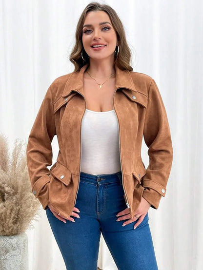 Plus Size Rust Brown Zipper Front Jacket With Casual Fit