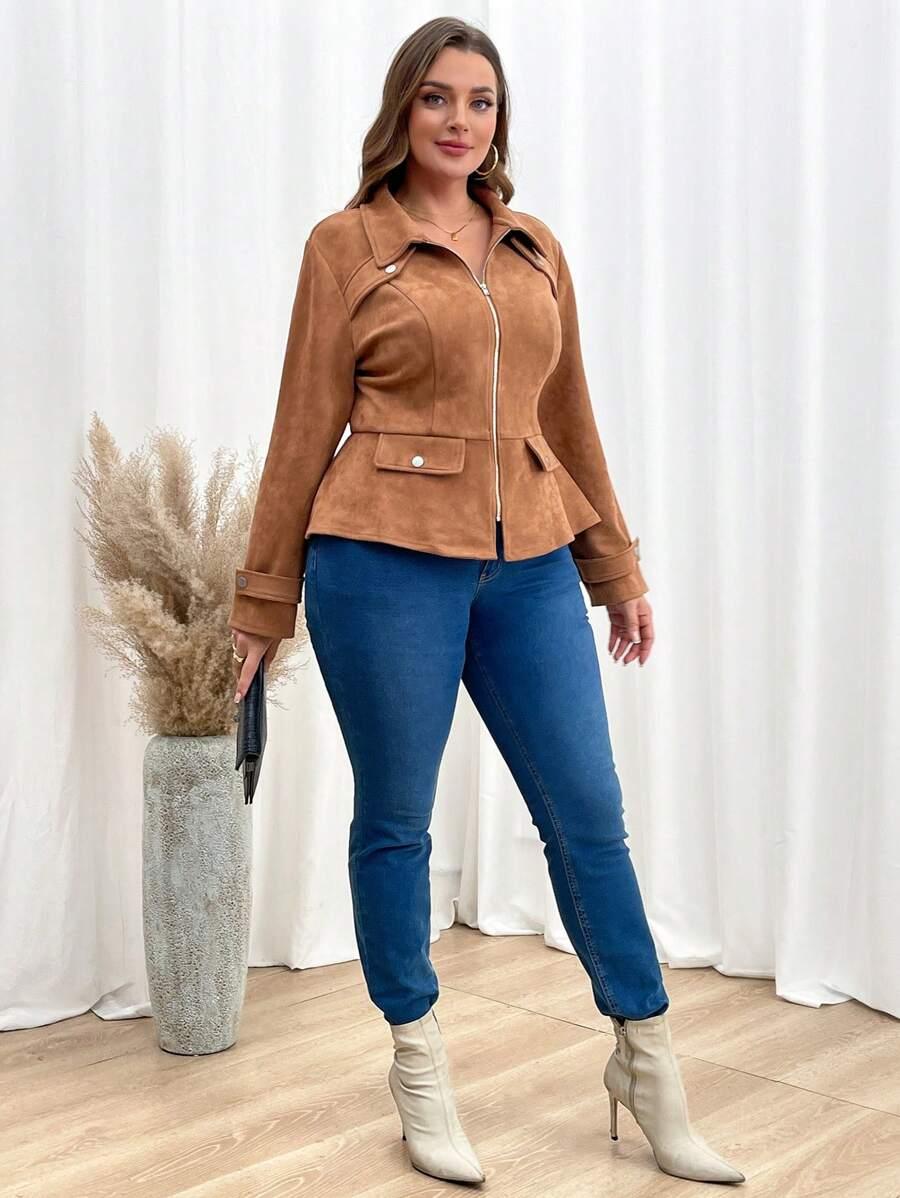 Plus Size Rust Brown Zipper Front Jacket With Casual Fit