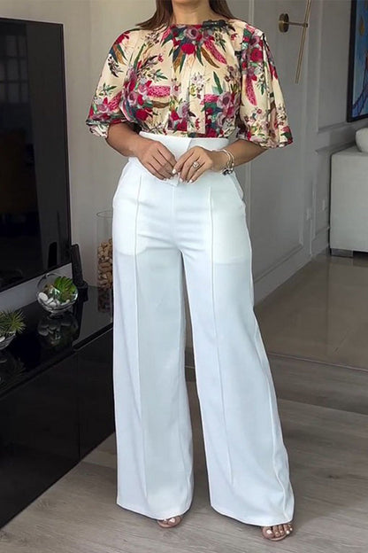 Elegant Floral Print Pocket O Neck Short Sleeve Two Pieces