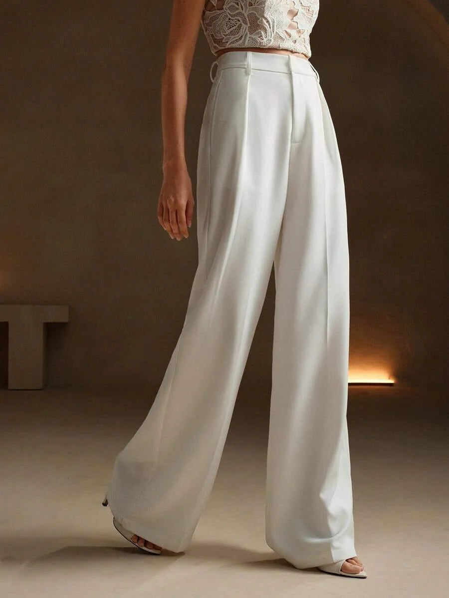 High Waist Wide Leg Trousers With Pleats And Zipper