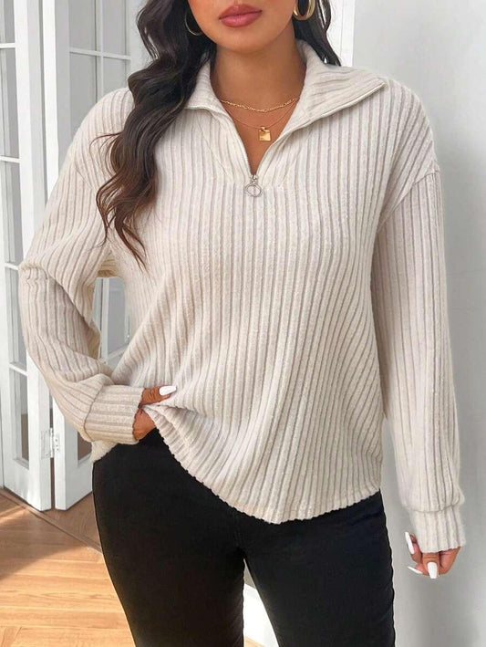 Plus Size Fuzzy Collar Quarter Zip Cozy Sweater