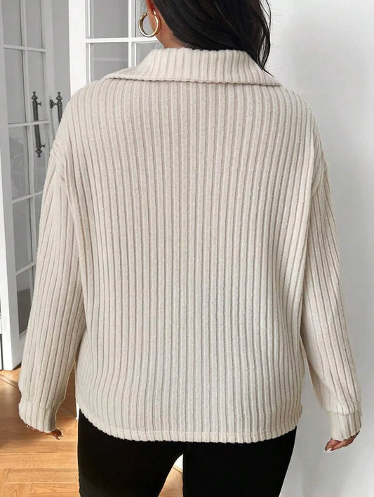 Plus Size Fuzzy Collar Quarter Zip Cozy Sweater