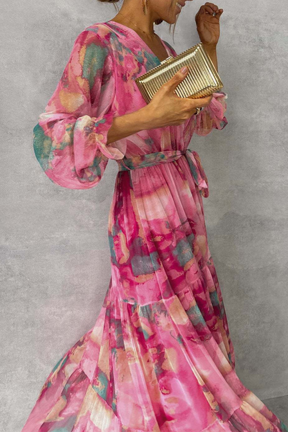 Gradient Watercolor Print Wrap V-Neck Tie-Waist Tiered Ruffle Maxi Dress