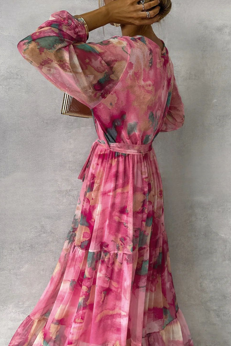 Gradient Watercolor Print Wrap V-Neck Tie-Waist Tiered Ruffle Maxi Dress