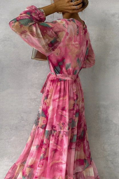 Gradient Watercolor Print Wrap V-Neck Tie-Waist Tiered Ruffle Maxi Dress