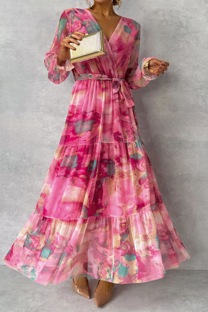 Gradient Watercolor Print Wrap V-Neck Tie-Waist Tiered Ruffle Maxi Dress