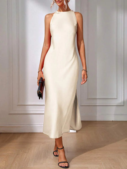 Satin Maxi Dress Sleeveless Split Thigh Wedding