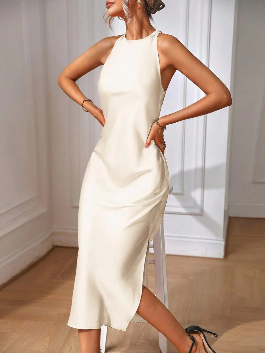 Satin Maxi Dress Sleeveless Split Thigh Wedding