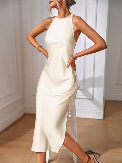Satin Maxi Dress Sleeveless Split Thigh Wedding